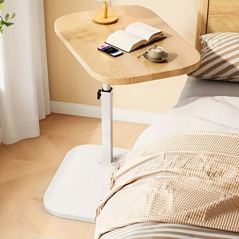 Height-Adjustable Side Table with a Wooden Top and Metal Frame
