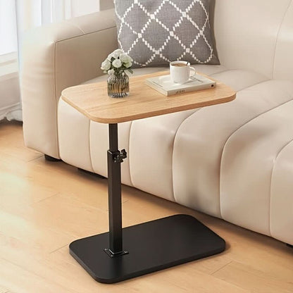 Height-Adjustable Side Table with a Wooden Top and Metal Frame