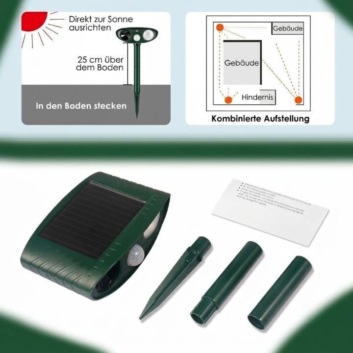 Solar-Powered Ultrasonic Animal Repeller – PIR Motion Sensor 110°, IP44, 13–40 kHz