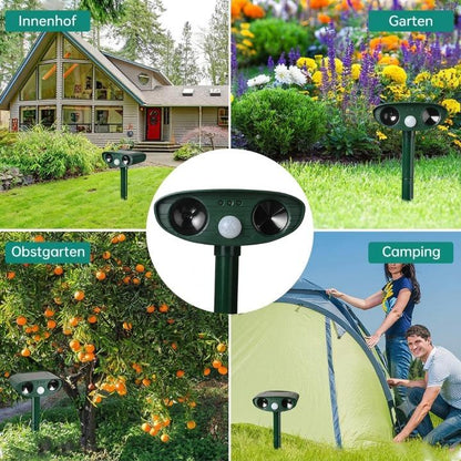 Solar-Powered Ultrasonic Animal Repeller – PIR Motion Sensor 110°, IP44, 13–40 kHz