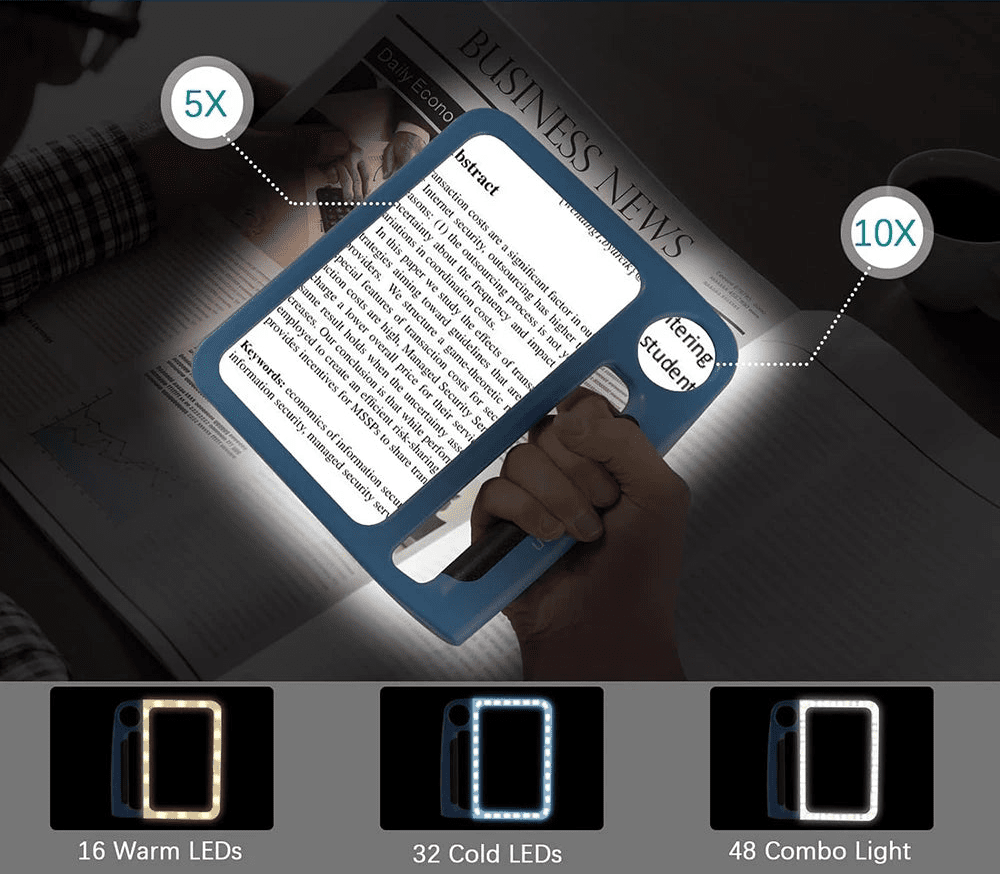 LED Reading Magnifier with 5× & 10× Zoom – USB-Rechargeable, 48 LEDs