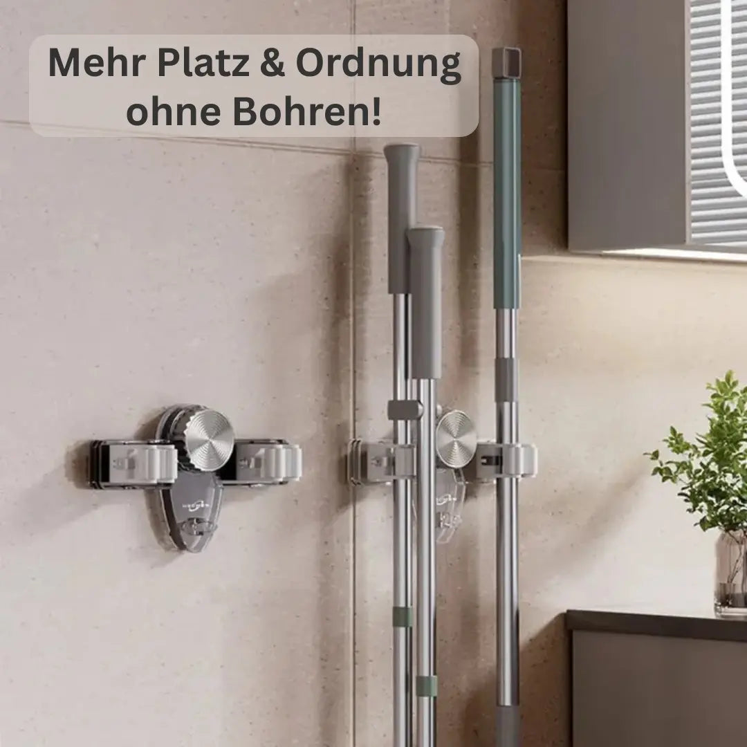 Space-saving holder for brooms and tools – Quick to install, no drilling required